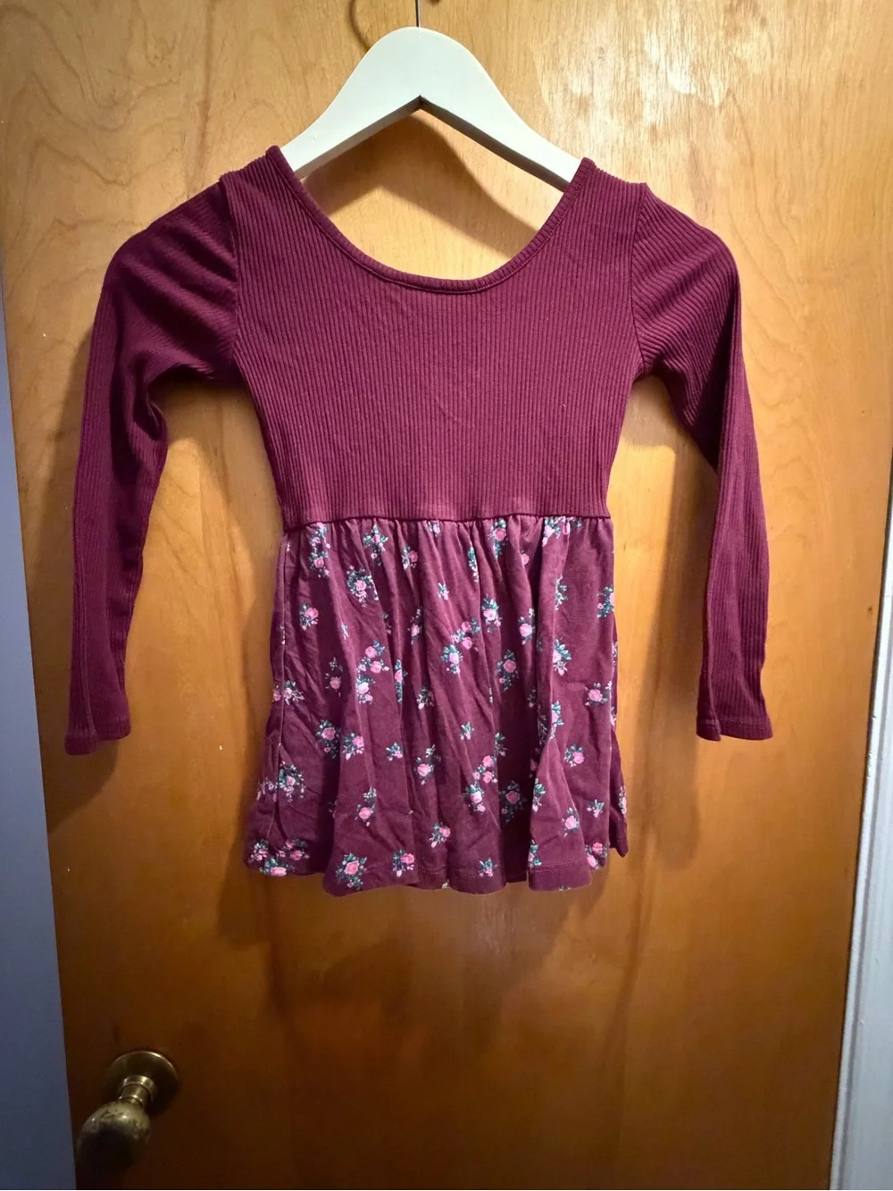 Place Girls' Long-Sleeve Burgundy Floral Peplum dress